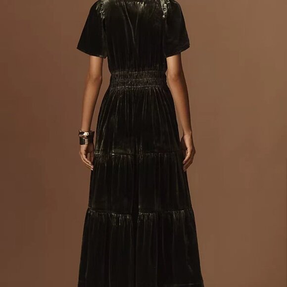 New Anthropologie The Somerset Maxi Dress: Velvet Edition Dark Green L - Picture 6 of 7